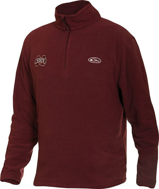 A maroon Mississippi State Camp Fleece 1/4 Zip Pullover with embroidered logo on right chest. Midweight layering garment for cool fall days. 100% Polyester, anti-pill finish, moisture-wicking.