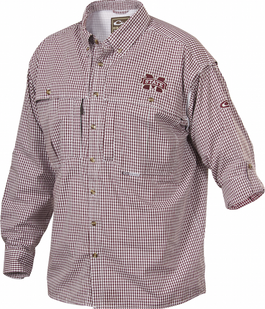 Mississippi State Plaid Wingshooter's Shirt Long Sleeve - Breathable, quick-drying shirt with front and back ventilation for coolness. Roll-up tabs keep sleeves secure. Embroidered logo on left chest.