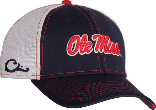 Ole Miss Stretch Fit Cap - A blue and white hat with red text. Cool, breathable mesh back with solid color front panels. Stretch-fit design with raised front team logo embroidery. Available in two sizes: M/L and XL/2X. Made of cotton stretch-fit material. Perfect for big game hunting, waterfowl hunting, turkey hunting, fishing, and casual wear.