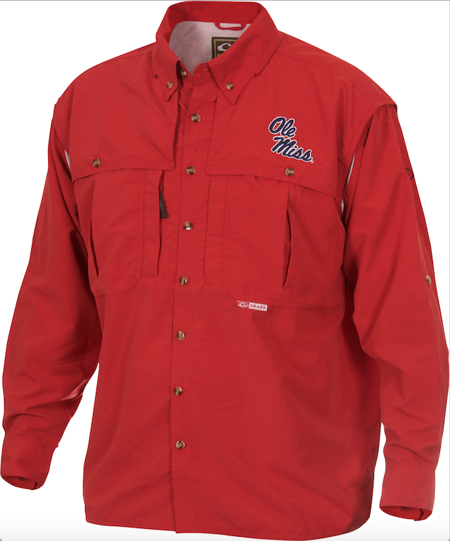 Ole Miss Wingshooter's Shirt Long Sleeve - A red shirt with a logo, perfect for Game Day. Breathable, cool, and quick-drying. Features front and back ventilation, oversized chest pockets, and a vertical zippered pocket. Made with 100% polyester twill fabric and poly-mesh lining in vented areas. Magnattach pocket on the left chest. From Drake Waterfowl, known for high-quality hunting gear and clothing.