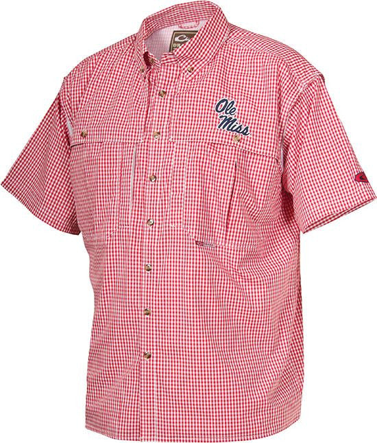 Ole Miss Plaid Wingshooter's Shirt Short Sleeve - a breathable, cool, and quick-drying shirt with front and back ventilation for warm weather. Features Ole Miss logo embroidered on left chest.
