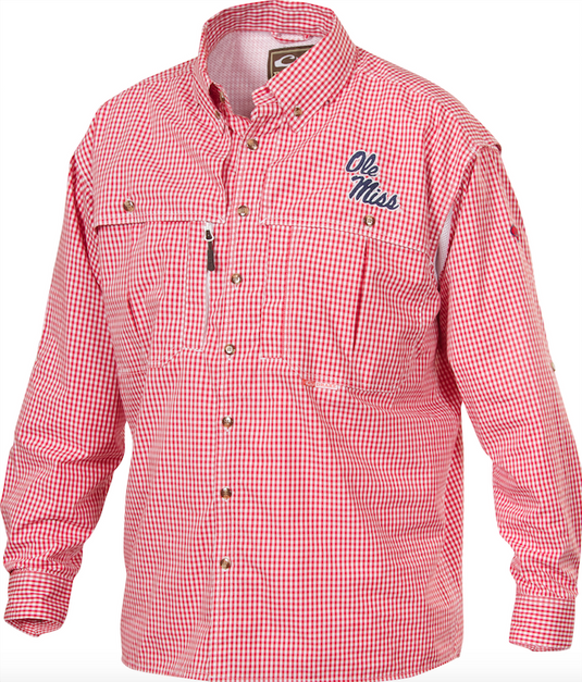 Ole Miss Plaid Wingshooter's Shirt Long Sleeve - a breathable, quick-drying shirt with front and back ventilation for coolness. Features Ole Miss logo on left chest.