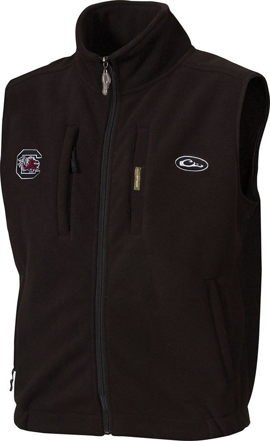 South Carolina Windproof Layering Vest with logo on chest, featuring stand-up collar, zippered pocket, and handwarmer pockets.