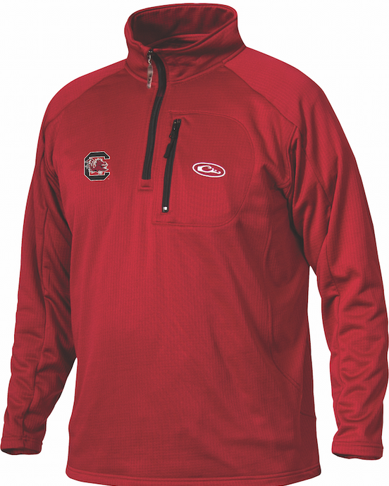 South Carolina Breathelite 1/4 Zip: A red jacket with University of South Carolina logo embroidery on the right chest. Ideal for active outdoorsmen, it provides ultralight insulation and moisture management. Made of 100% polyester with 4-way stretch and square check fleece backing. Features a vertical front chest zippered pocket.