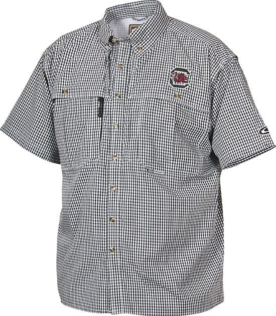 South Carolina Plaid Wingshooter's Shirt Short Sleeve, a breathable and quick-drying shirt with front and back ventilation for maximum air circulation. Features University of South Carolina logo embroidered on left chest. Ideal for outdoor activities or casual office days.