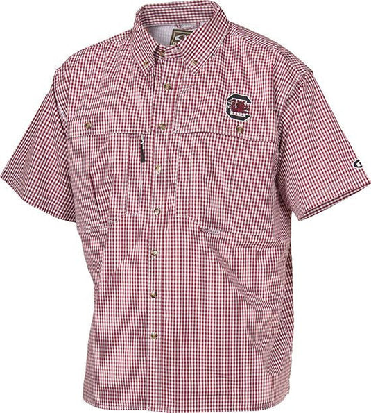 South Carolina Plaid Wingshooter's Shirt Short Sleeve: Breathable, quick-drying shirt with front and back ventilation for coolness. Features University of South Carolina logo on left chest.