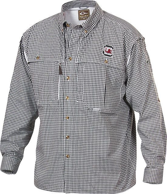 South Carolina Plaid Wingshooter's Shirt: Long-sleeved shirt with Univ. of South Carolina logo on left chest. Breathable, quick-drying fabric with front and back ventilation for coolness. Perfect for outdoor activities or casual office days.
