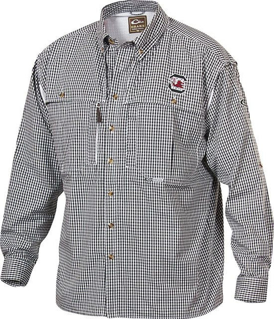 South Carolina Plaid Wingshooter's Shirt: Long-sleeved shirt with Univ. of South Carolina logo on left chest. Breathable, quick-drying fabric with front and back ventilation for coolness. Perfect for outdoor activities or casual office days.