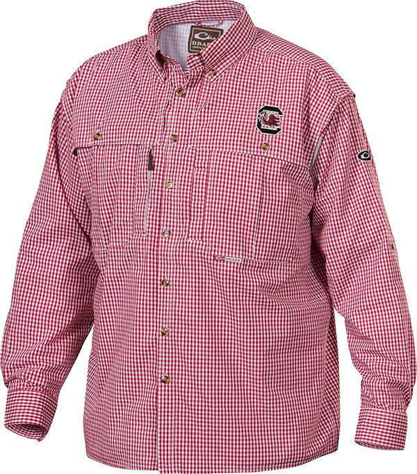 South Carolina Plaid Wingshooter's Shirt Long Sleeve - A breathable, cool, and quick-drying shirt with front and back ventilation for warm weather. Features Univ. of South Carolina logo embroidered on left chest.