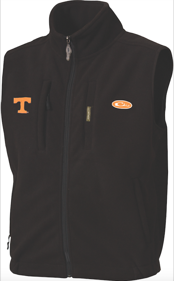 Tennessee Windproof Layering Vest with logo embroidery on right chest. Black vest made of windproof, water-resistant fleece. Stand-up collar, zippered pocket, handwarmer pockets.