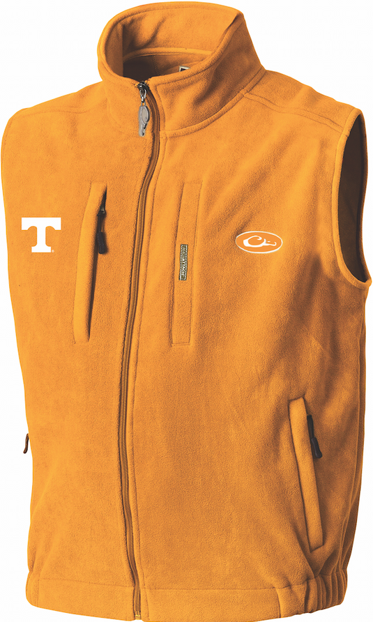 Tennessee Windproof Layering Vest with logo embroidery on right chest. Windproof, water resistant fleece. Stand-up collar, zippered pocket, handwarmer pockets.