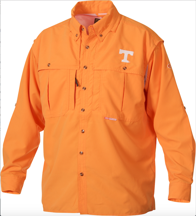 Tennessee Wingshooter's Shirt Long Sleeve, a breathable orange shirt with front and back ventilation. Features include oversized chest pockets, Magnattach™ pocket, and zippered vertical pocket. Perfect for Game Day.