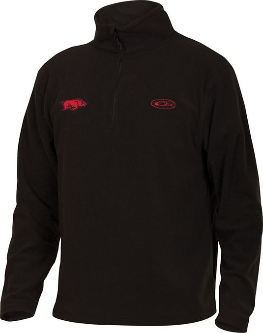 Arkansas Camp Fleece 1/4 Zip Pullover, a midweight layering garment with University of Arkansas logo on right chest. Ideal for cool fall days.