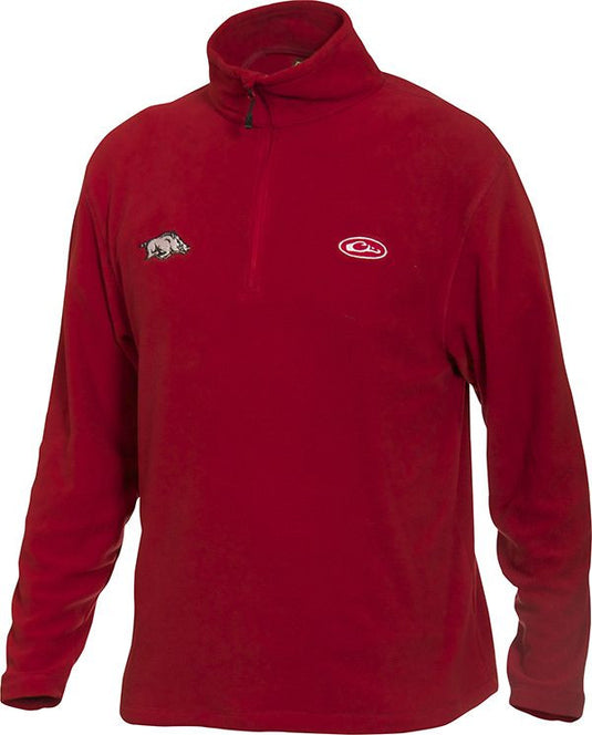 Arkansas Camp Fleece 1/4 Zip Pullover, a midweight red jacket with a pig logo. Perfect for cool fall days. Made of 100% Polyester micro-fleece.