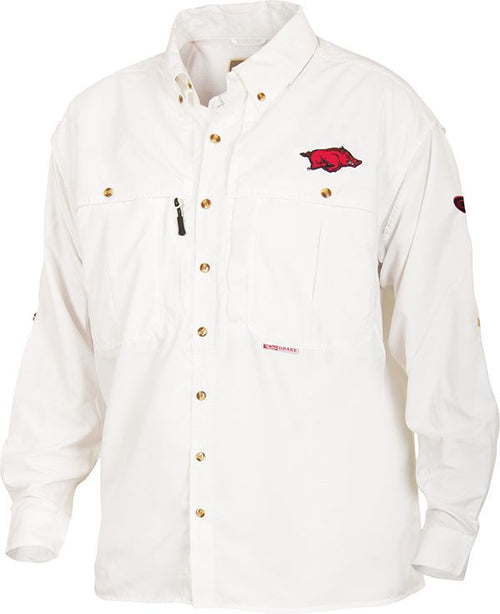 Arkansas Wingshooter's Shirt Long Sleeve - A white shirt with a red pig design. Breathable, quick-drying fabric with front and back ventilation. Magnattach™ pocket, zippered chest pocket, and oversized chest pockets for functionality. Perfect for Game Day.