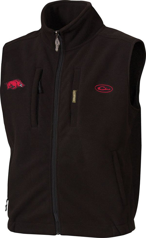 Arkansas Windproof Layering Vest with black fabric and red logo. Features stand-up collar, zippered pocket, and hand warmer pockets.