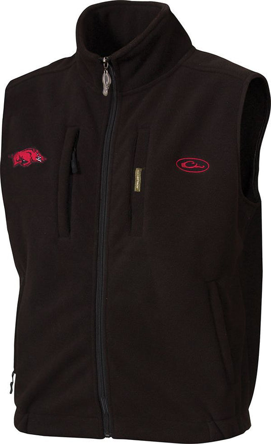 Arkansas Windproof Layering Vest with black fabric and red logo. Features stand-up collar, zippered pocket, and hand warmer pockets.