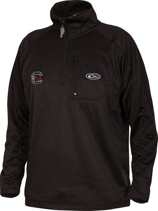 South Carolina Breathelite 1/4 Zip: A black jacket with University of South Carolina logo embroidery on the right chest. Made of 100% polyester with 4-way stretch and square check fleece backing. Ideal for active outdoorsmen, providing ultralight insulation and moisture management in a comfortable, stylish pullover design. Features a vertical front chest zippered pocket.