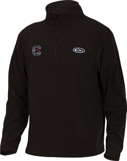 A midweight black jacket with a University of South Carolina logo on the right chest. Perfect for cool fall days. Made of 100% polyester micro-fleece with an anti-pill finish. Moisture-wicking and features a 1/4 zip pullover design. From Drake Waterfowl store.