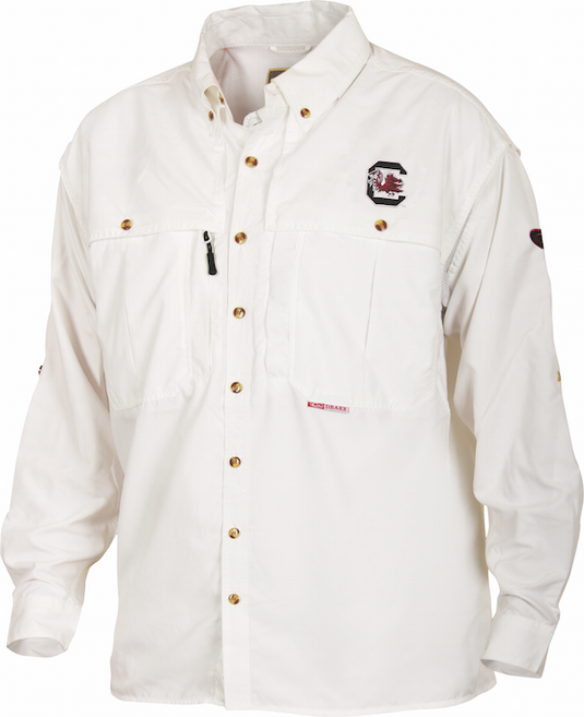 South Carolina Wingshooter's Shirt L/S: White shirt with logo, breathable, quick-drying, vented design, oversized chest pockets, Magnattach™ pocket, heat vents, zippered pocket.